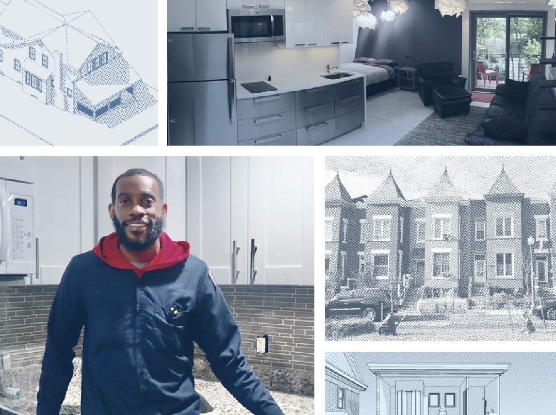 Man in a kitchen, along with other views of a building and blueprint