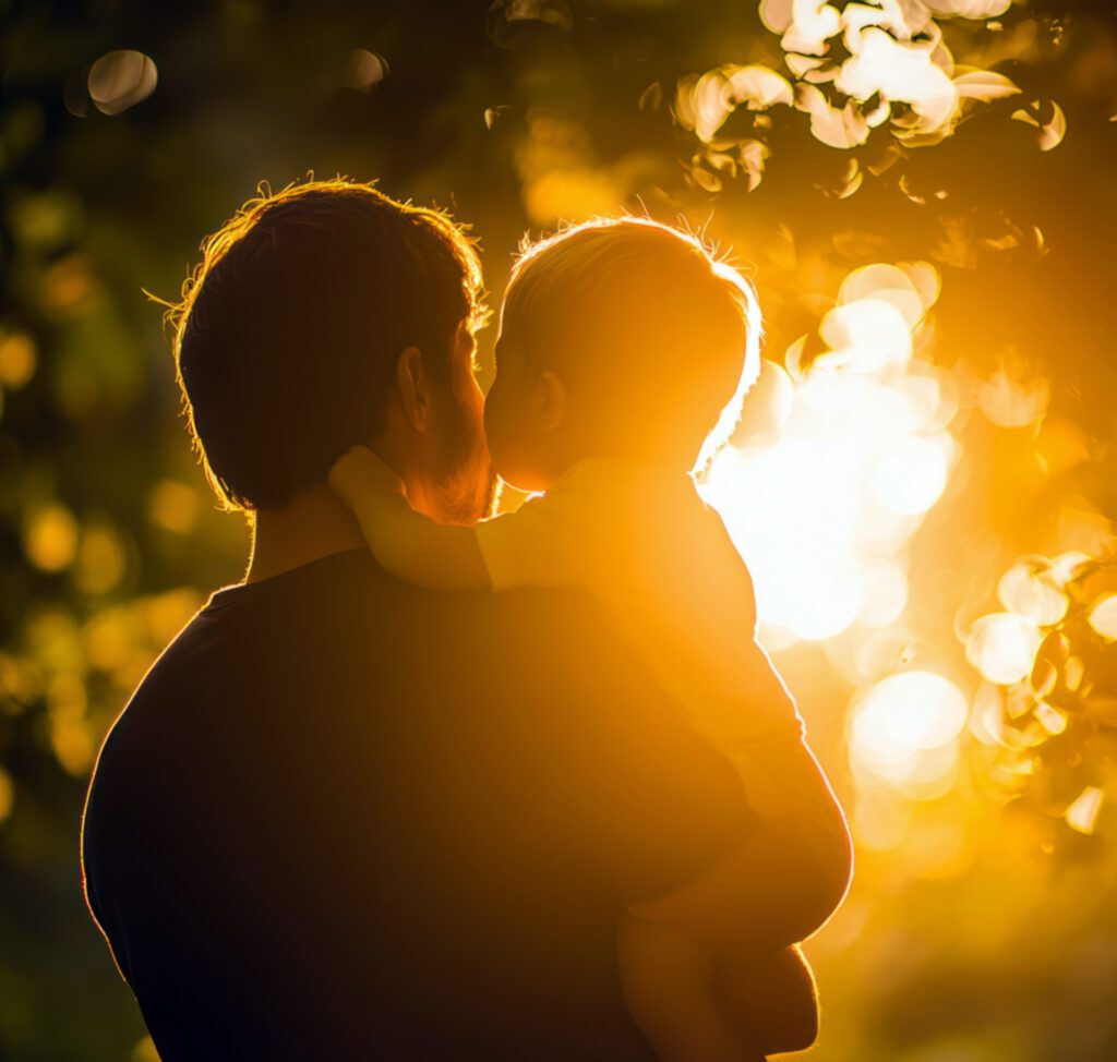 Silhouette of a father holding his son against the sunset